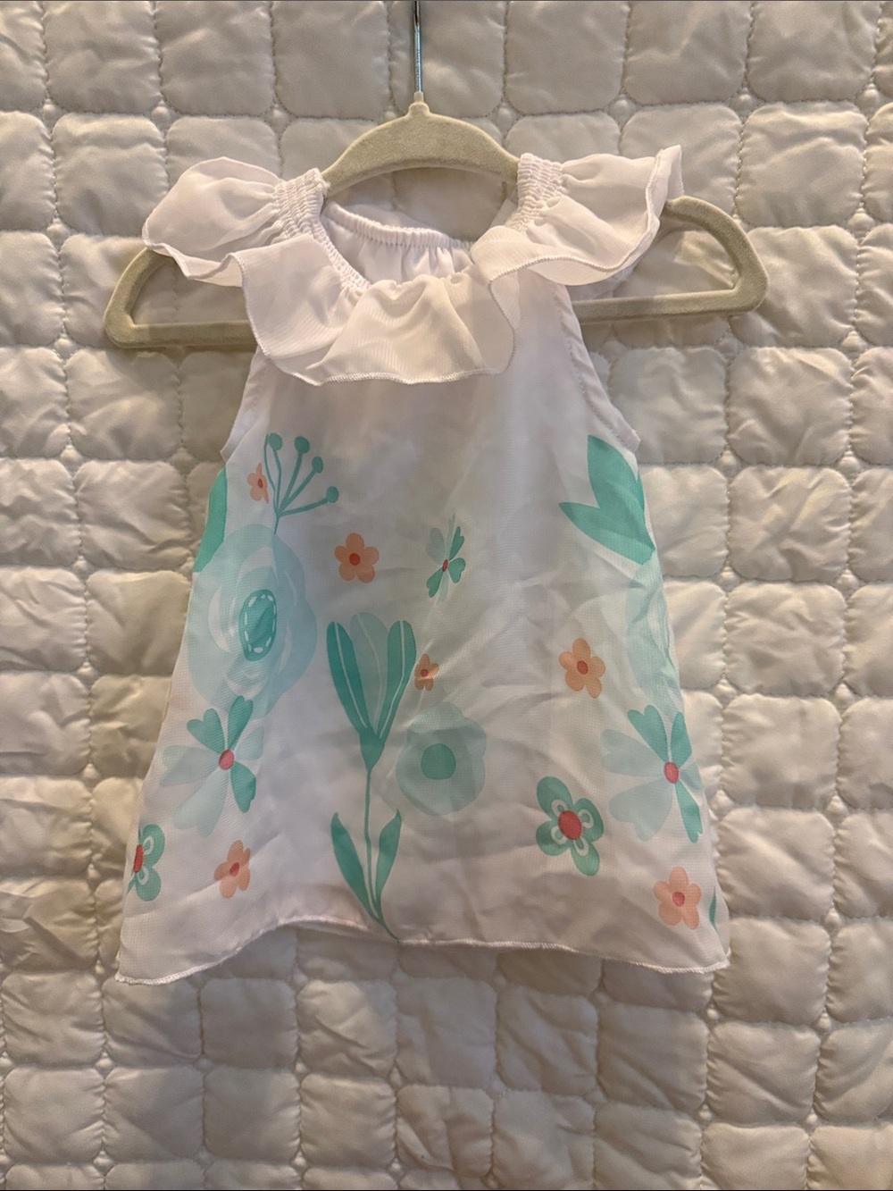 Girls White Floral Ruffle Neck Tank Top and Matching Pants